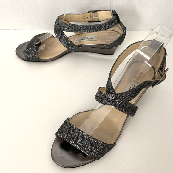 JIMMY CHOO Sandal Chiara‎ Anthracite Leather Glitter Wedge Silver Metallic 37.5 - Picture 7 of 14